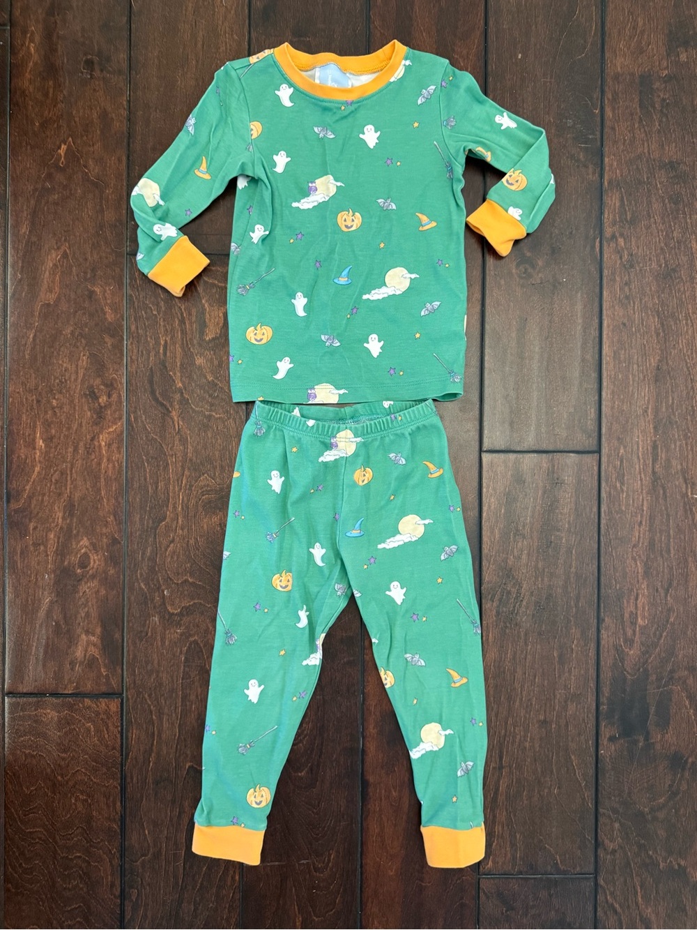 Bella Bliss Green Halloween Kids Pajama Set with Orange Trim